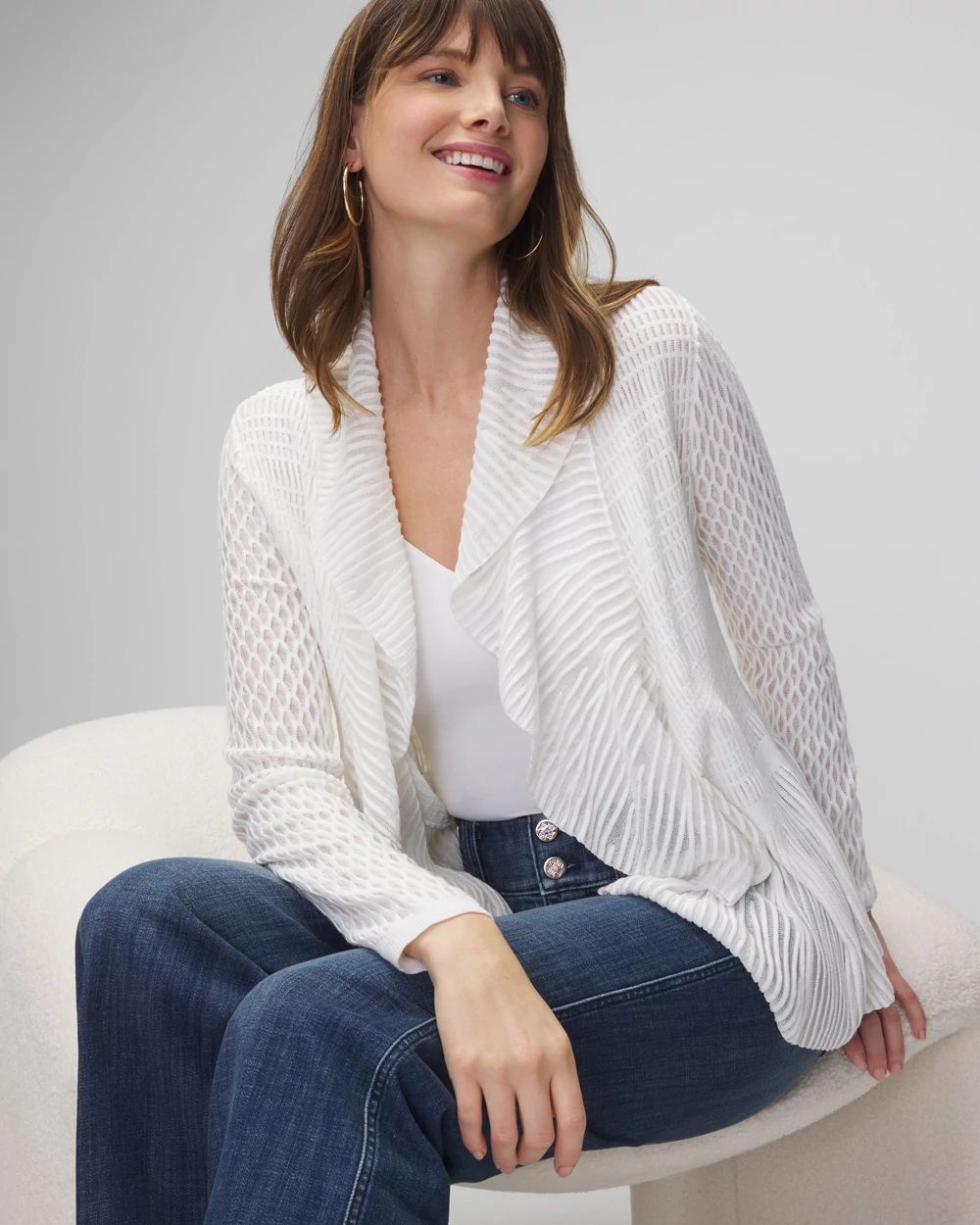 Petite Long Sleeve Pointelle Peplum Cardigan White House Black Market